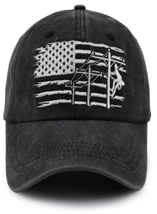 Vxchkerm Lineman American Flag Hat,Adjustable Embroidery Line Worker Baseball Cap,Fathers Day Christmas Birthday Lineman Gifts for Men,Electrician,Dad,Husband Black - Image 1
